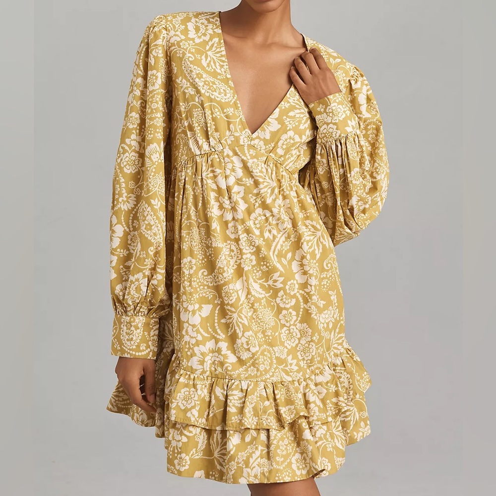 Maeve by Anthropology V-Neck Frill Puff Sleeve Mini Dress Size Medium